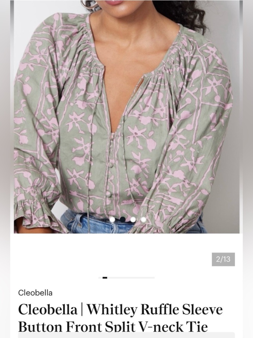 Cleobella Whitley Ruffle Sleeve Button Front Split V-neck‎ Tie Boho Blouse S